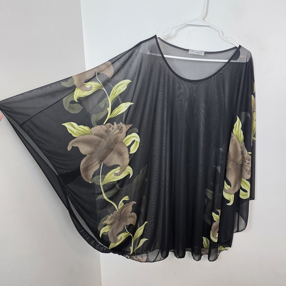 Vintage Black Brown Floral Semi-Sheer Whimsygoth Oversized Blouse Tunic One Size